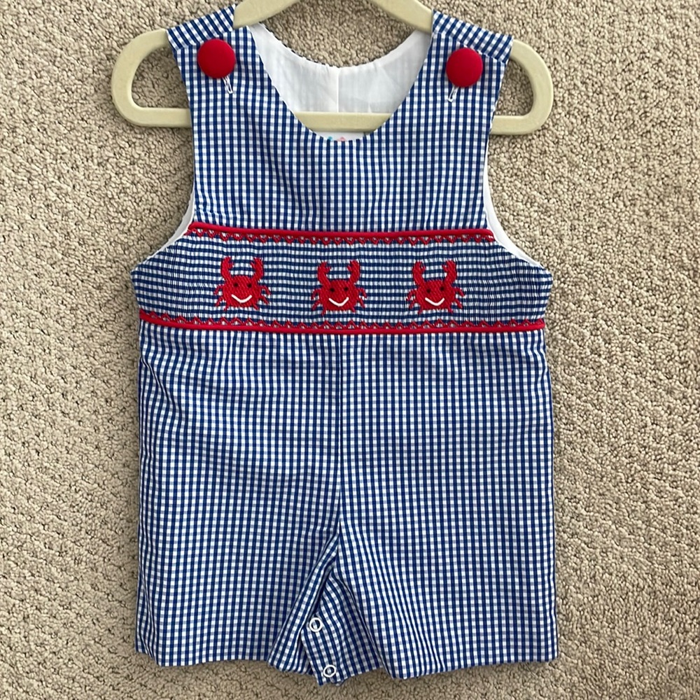 Stitchy Fish. Size 9 month. Precious gingham Jon Jon with embroidered crabs